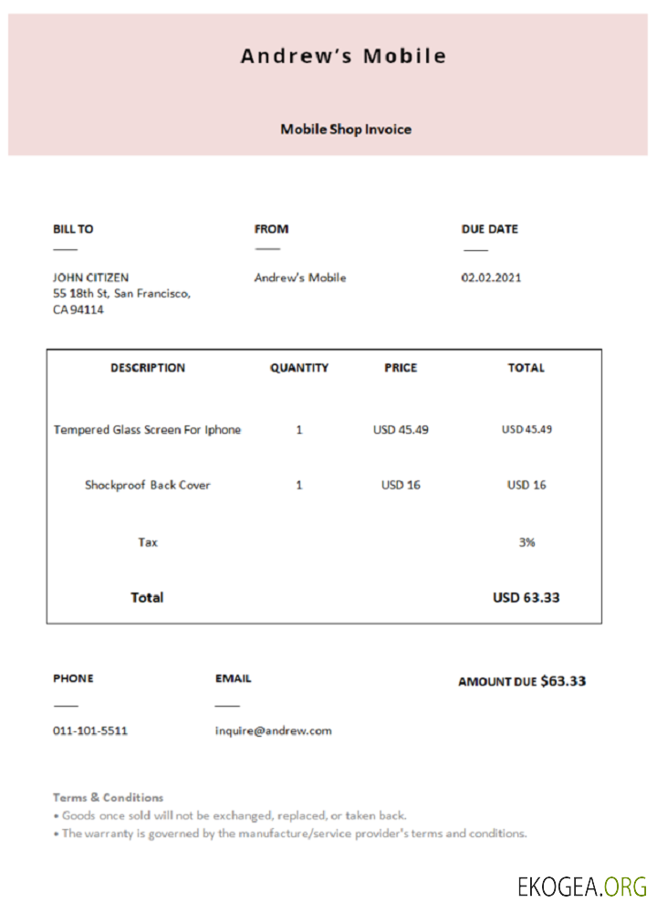 Facture Andrew's Mobile aux États , Unis